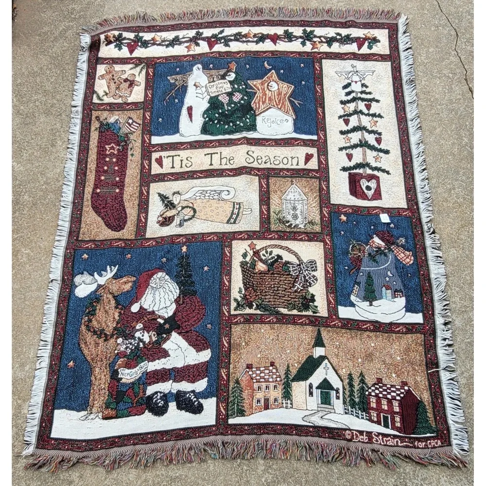 Deb Strain VTG Christmas Throw Tapestry Blanket Santa Snowman Village Scene